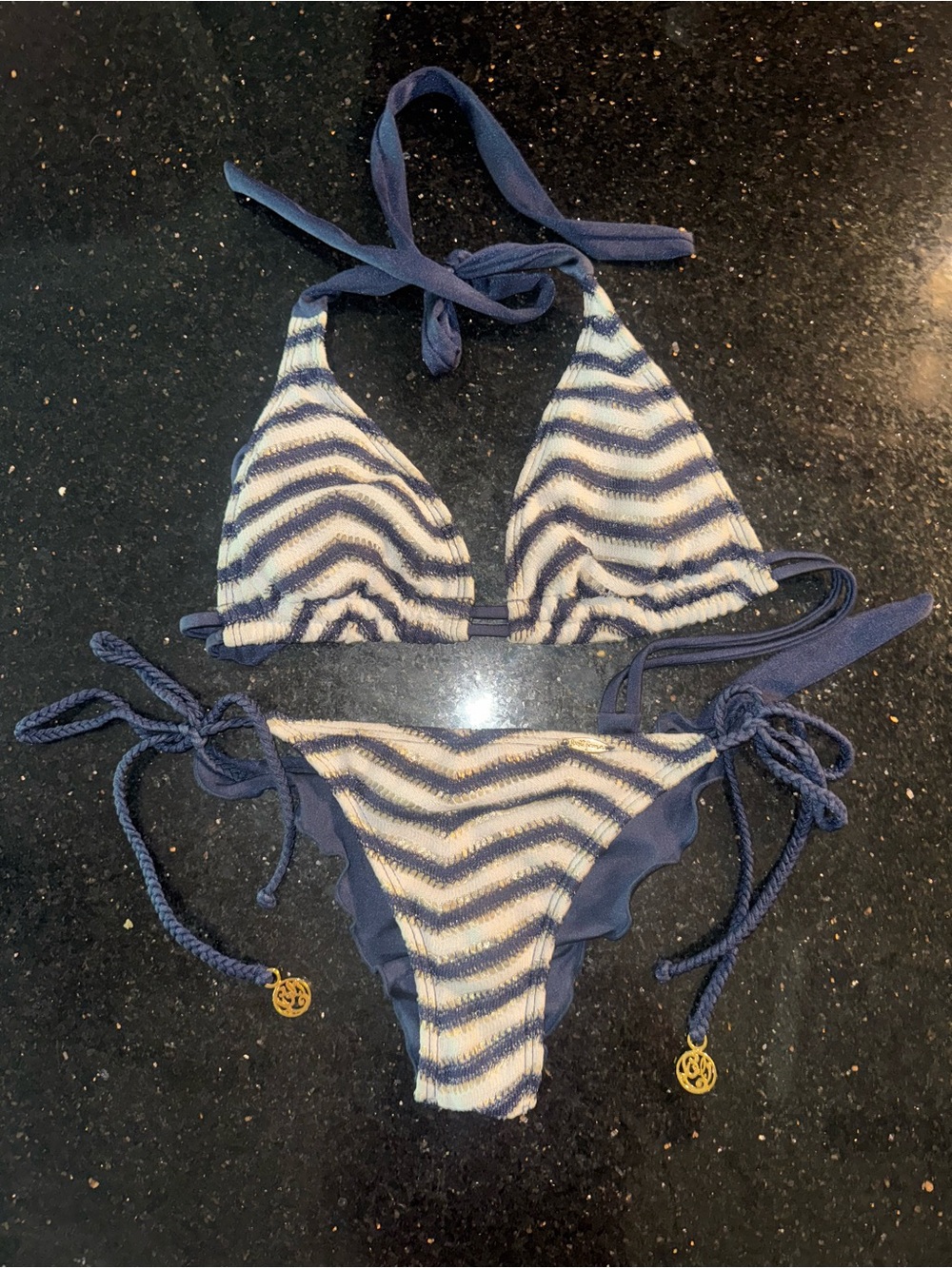 Luli Fama Navy, Gold, & White Crochet Textured Triangle Bikini Set